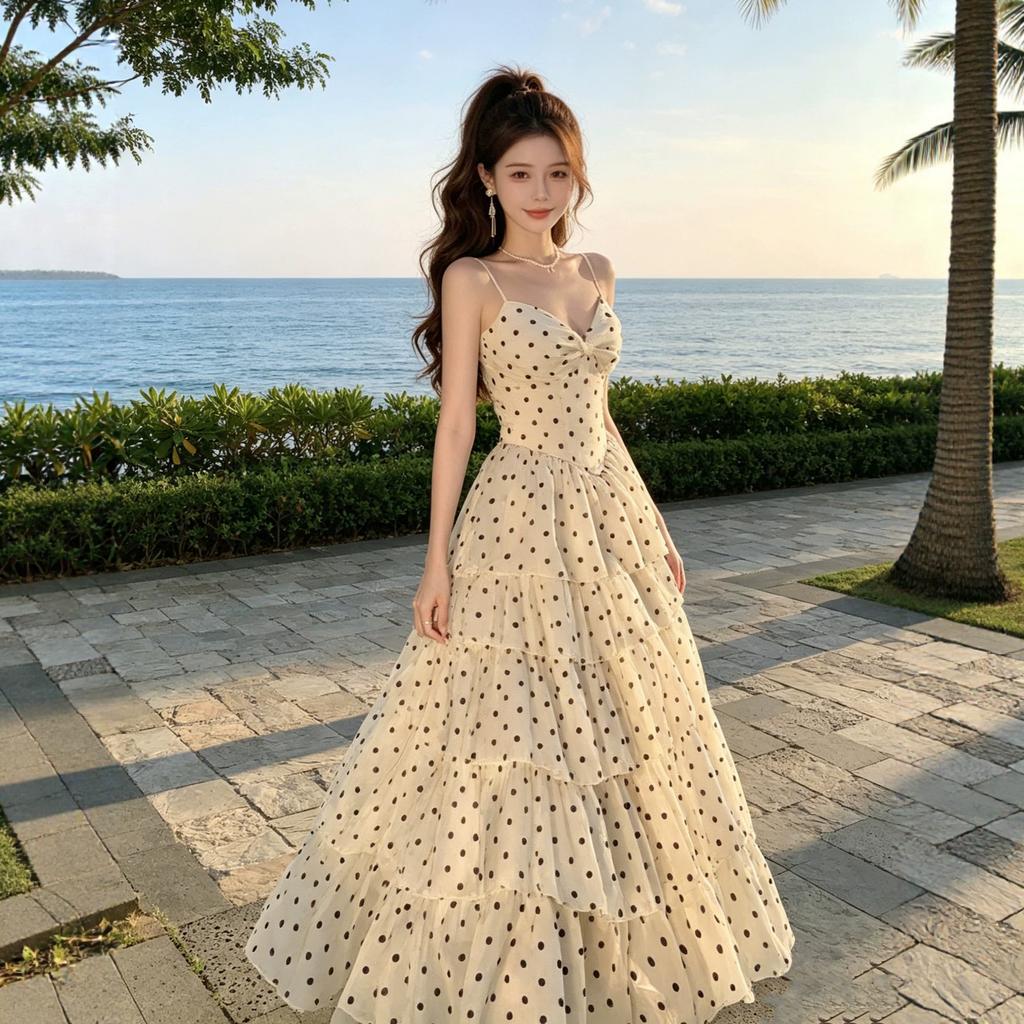 French waist pinch beautiful small skirt v-neck suspender cake long dress summer Sanya seaside vacation polka dot dress