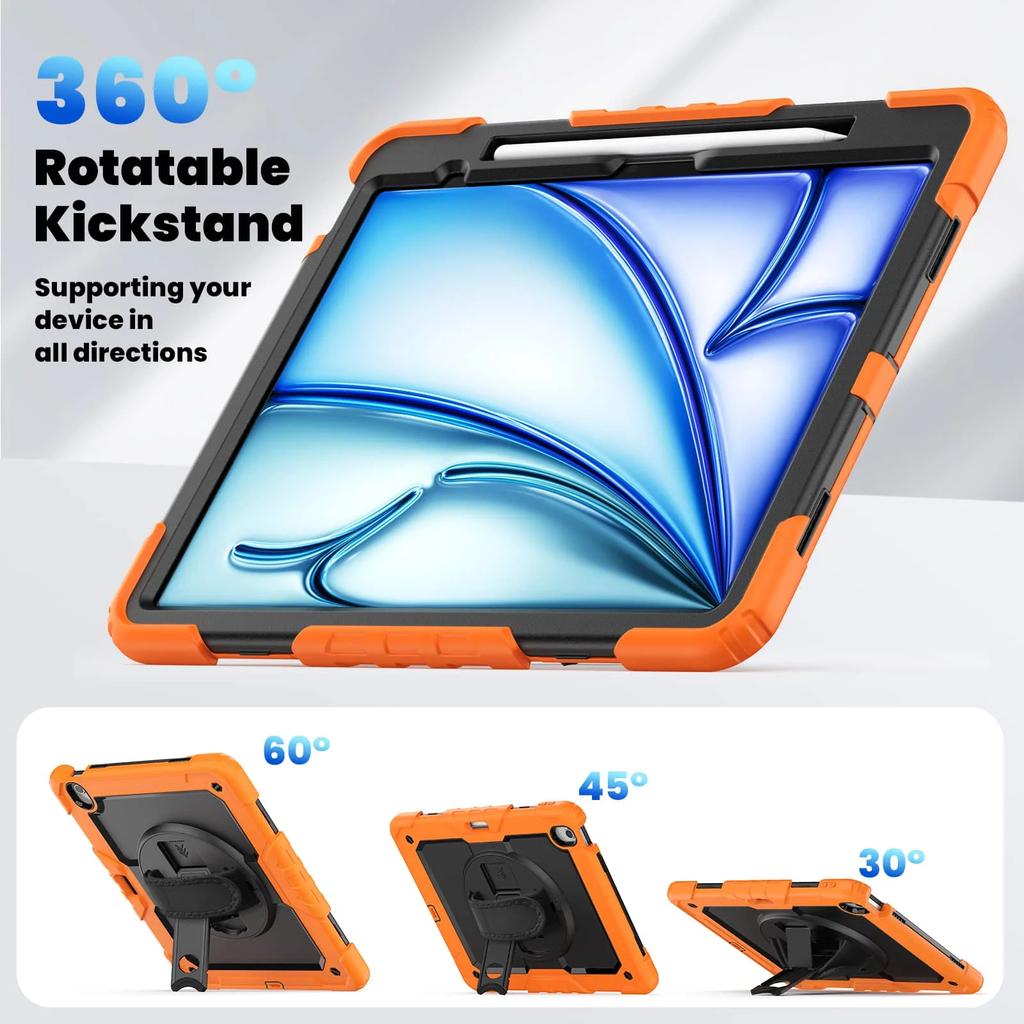 For iPad Air 13-inch M2 2025 , Military Grade Shockproof Protector Silicone Cover with Pencil Holder+Handle Shoulder Strap Cover