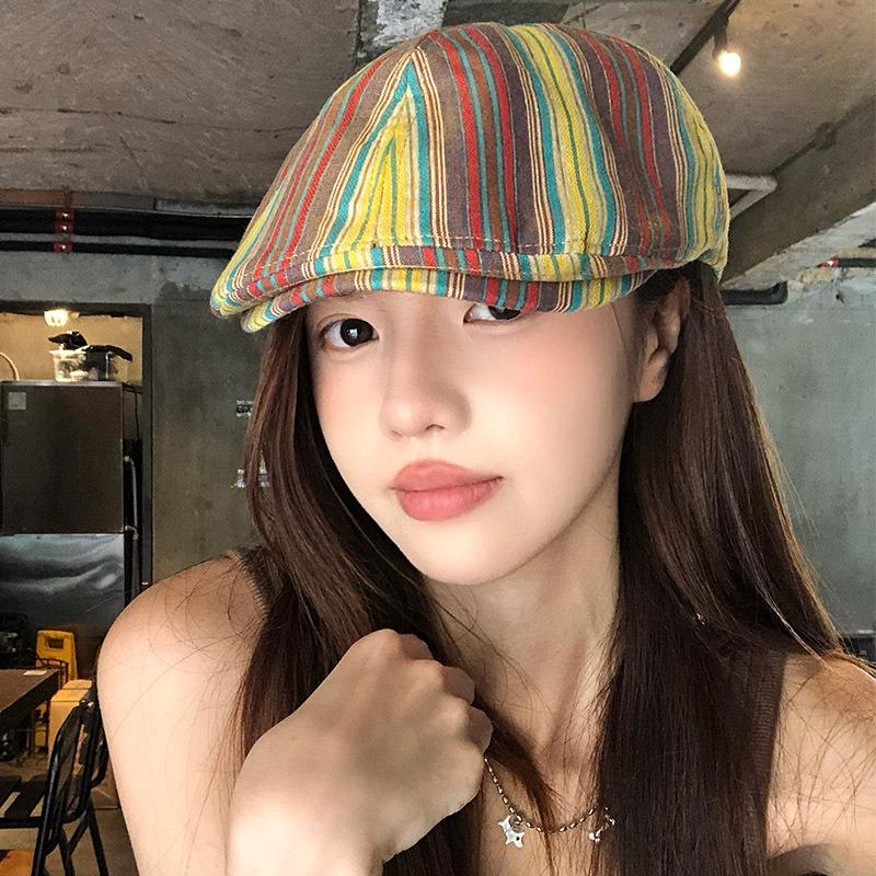Retro Color Matching Striped Forward Hat Women's Autumn and Winter Casual Versatile Face Small Reverse Wearing Duck Tongue Beret
