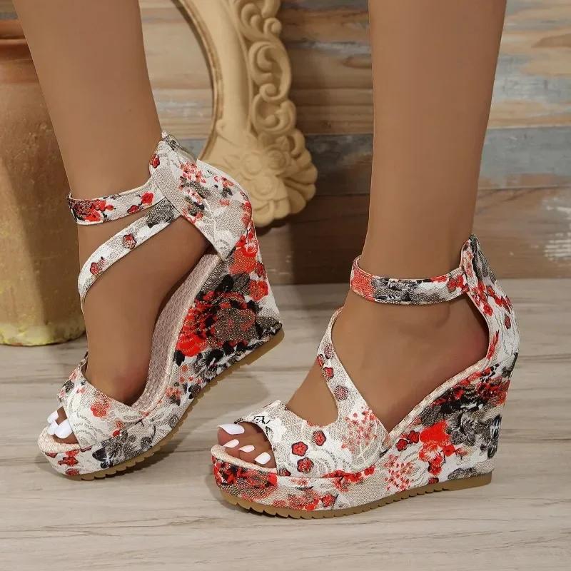2024 Hot Sale Ladies Shoes Cover Heel Women's Sandals Dress Sandals Women Print Back Zip Platform Wedges Shoes Women
