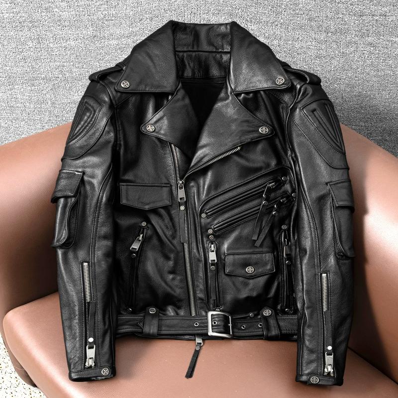 

Куртка из натуральной коровьей кожи для мужчин, мотоциклетная байкерская куртка со съемной подкладкой и карманами для защиты 5XL чёрный