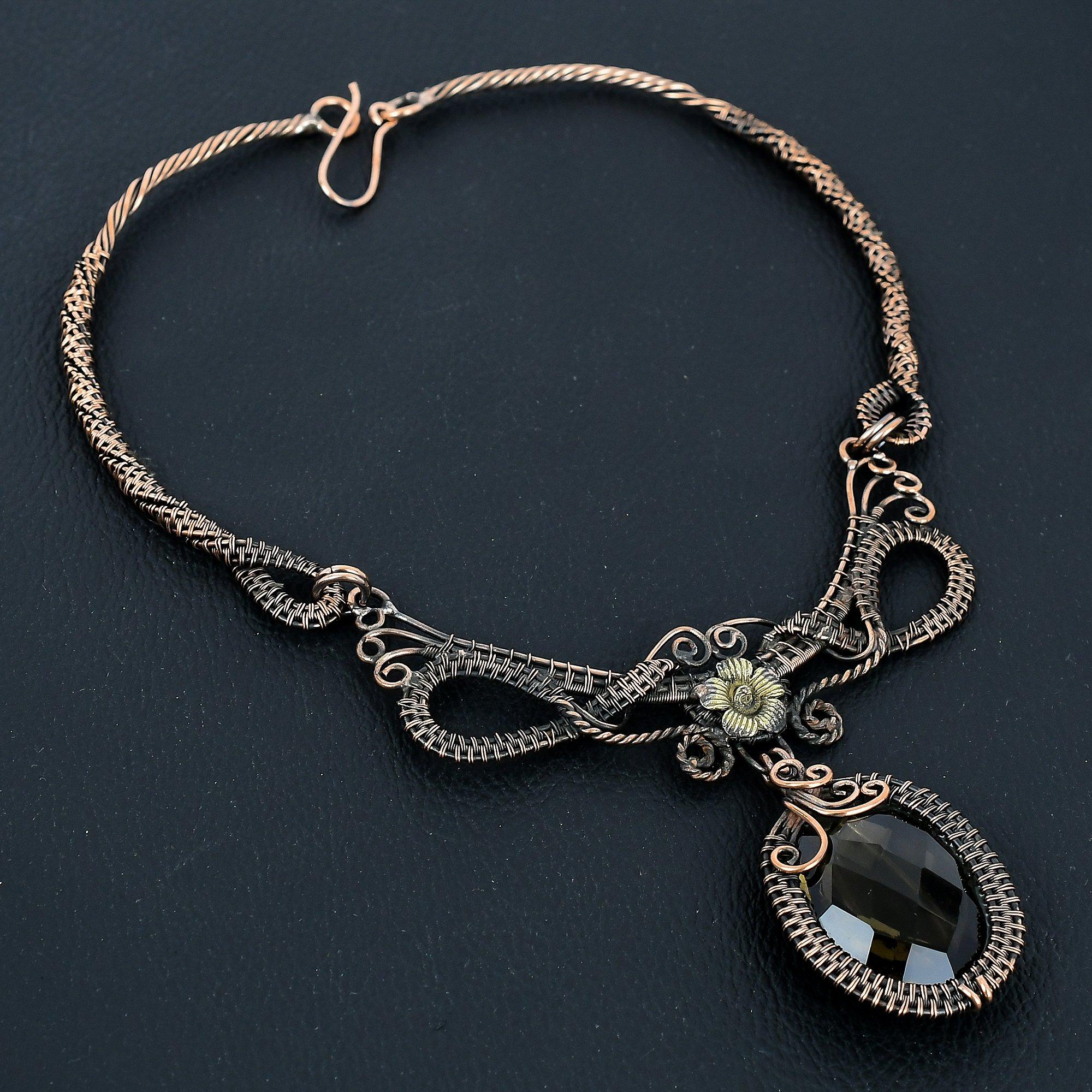 

Smoky Topaz Necklace Handmade Jewelry, 999 Copper Wire Wrapped Necklace Designer Gemstone Jewelry Adjustable Chain Necklace Gift For Mom 2.55 Inches