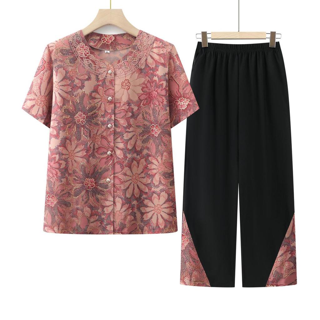 Grandma's Summer Clothing Set: Short-Sleeved Shirt & Cardigan for Middle-Aged Women