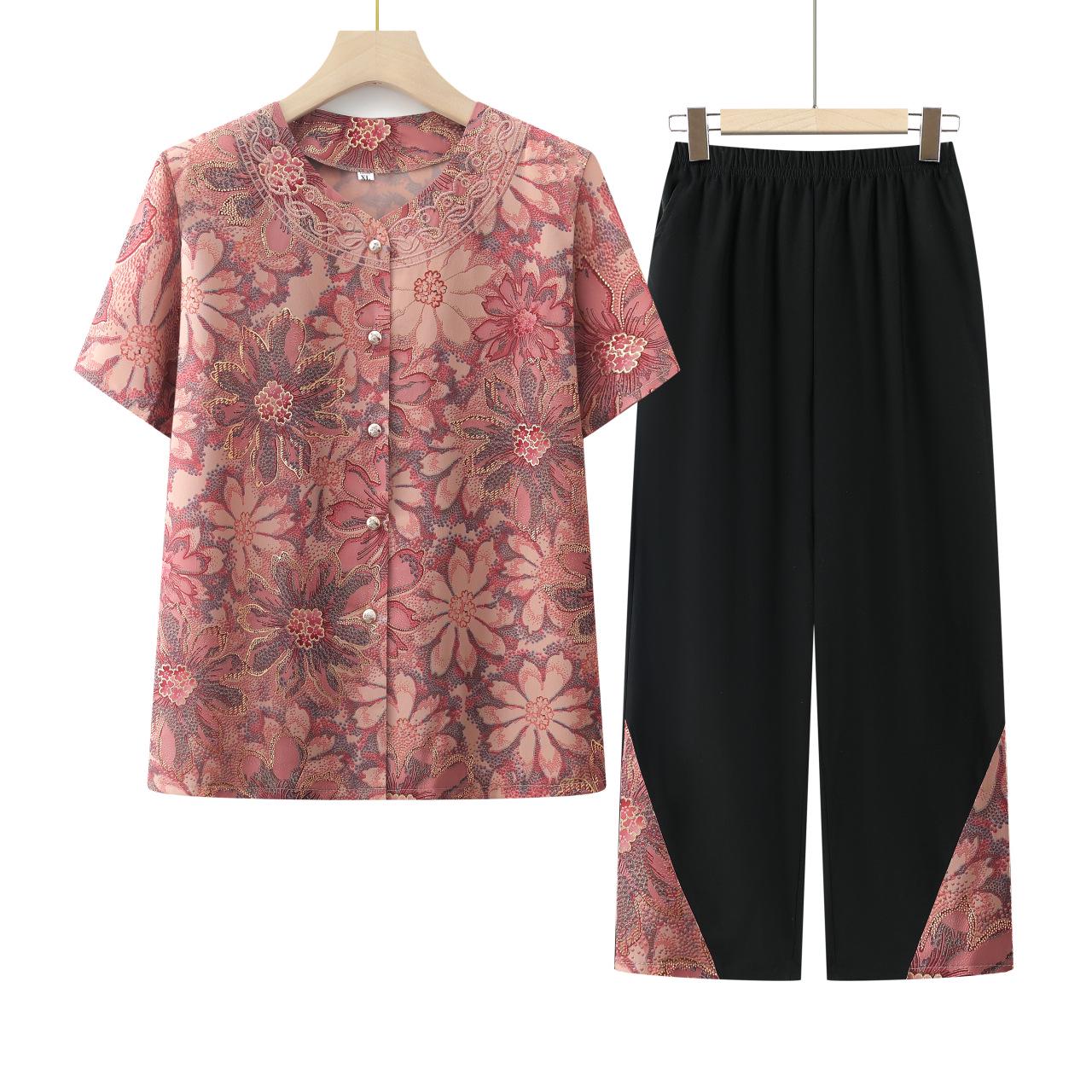 

Grandma s Summer Clothing Set: Short-Sleeved Shirt & Cardigan for Middle-Aged Women 4XL (recommended 65-72.5 kg) красный