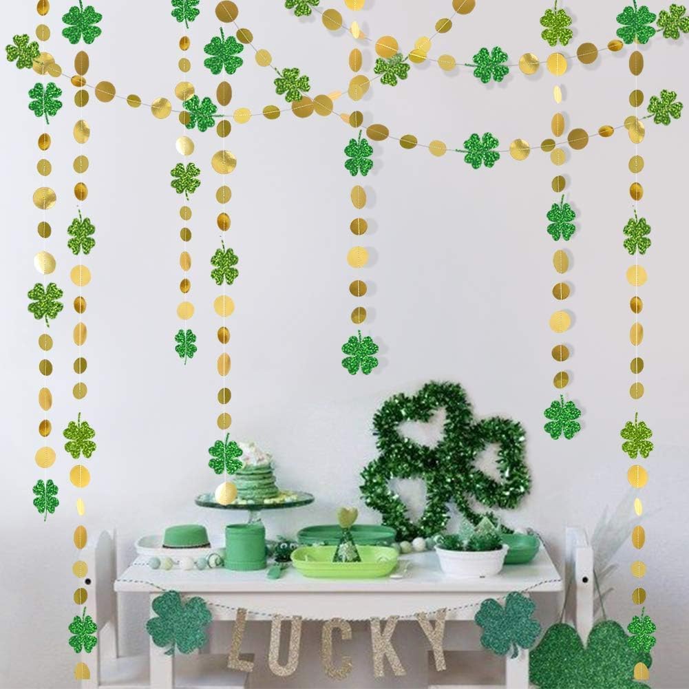 Cheerland Green Shamrock Garland St Patricks Day Decorations 4 Leaf Clover Glitter St Paddy's Day Garland Hanging Streamers for St. Patrick's Day