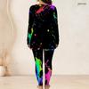 Women Plus Size Two Piece Set Round Neck Long Sleeve Colorful Splash Print Top And Long Pants