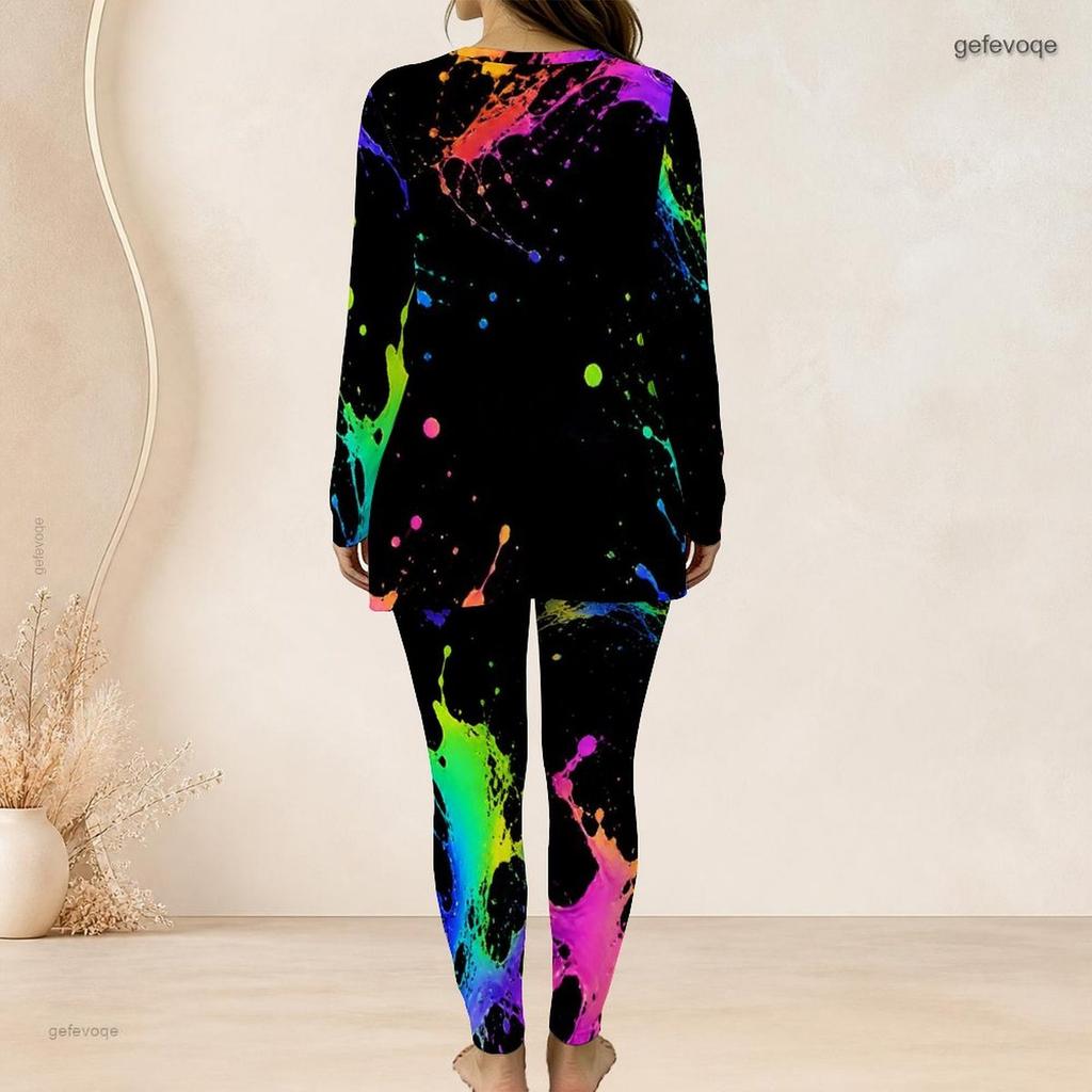 Women Plus Size Two Piece Set Round Neck Long Sleeve Colorful Splash Print Top And Long Pants