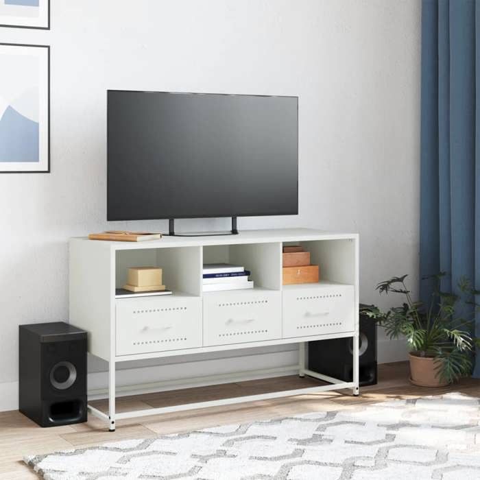 VidaXL Meuble TV blanc 100,5x39x60,5 cm acier, support TV, buffet TV, meuble multimédia, banc TV, armoire hifi, centre de 846547