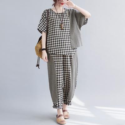 Cotton and Linen Suit Irregular Plaid T-shirt Women's Summer Middle-aged Mother Bloomers Pants Loose Two-piece Suit
