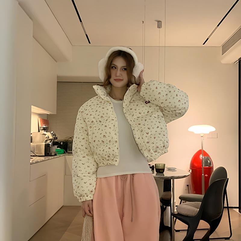 New Women's Winter Short Cotton-padded Jacket Small Floral Cotton-padded Jacket Loose Padded Coat