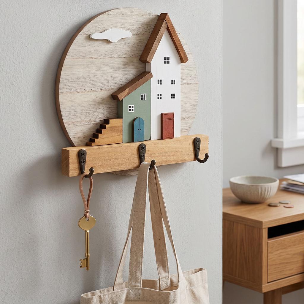 Wall Mounted Key Holder 3 Metal Hooks Round Wooden Key Holder for Entrances Corridors Bedrooms Living Rooms