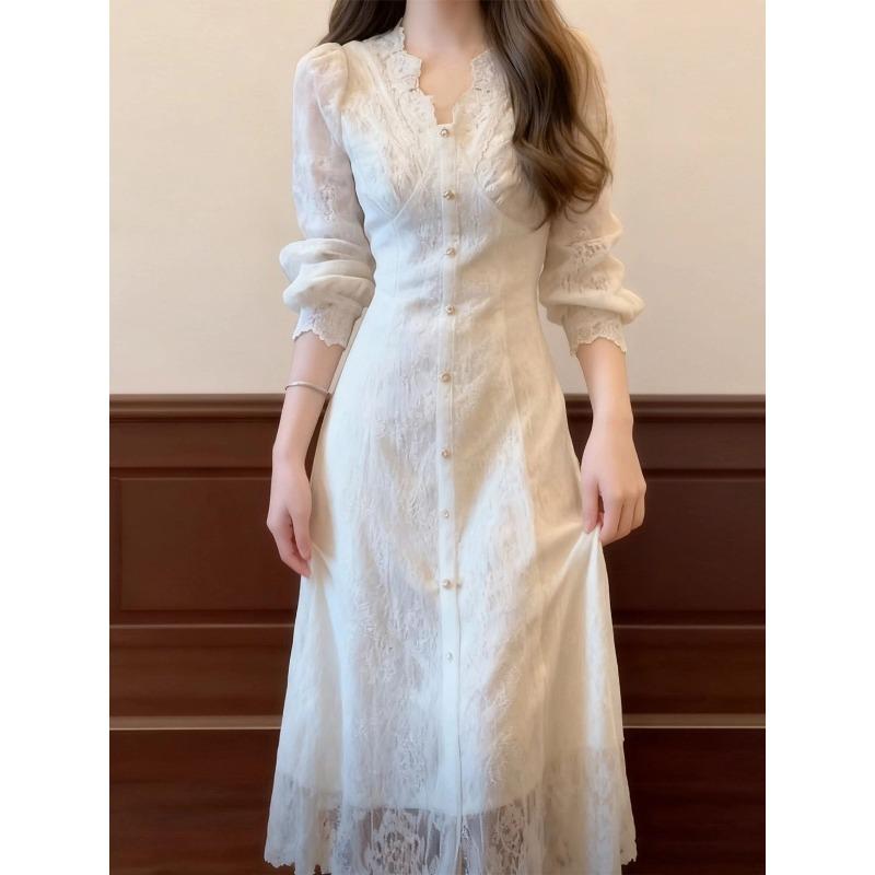 Französisches Sanftes Spitzenkragen Langarmkleid Einzigartige Schönheit Hohes Temperament Taille Langes Kleid Herbst