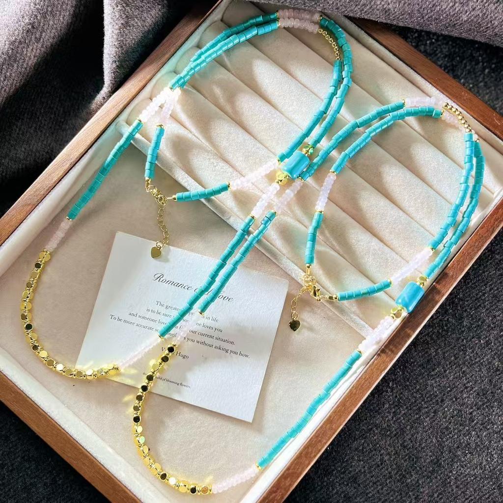 Vintage Design Powder Crystal Artificial Turquoise Sweater Chain Necklace Collarbone Chain