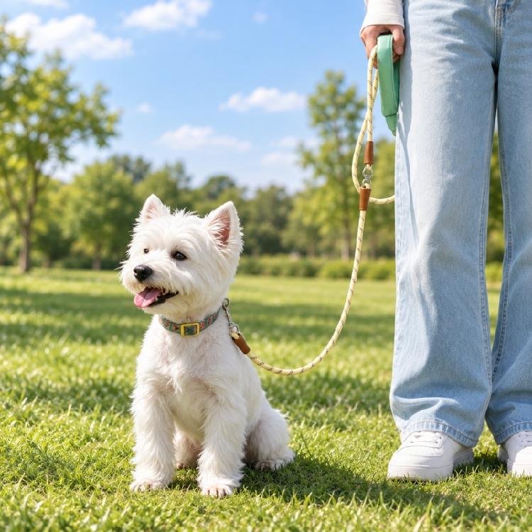 Two-Dog Rope with Braided Rope Construction, Cushioned Handle, and Rotating Connector for Neighborhood Walking Use