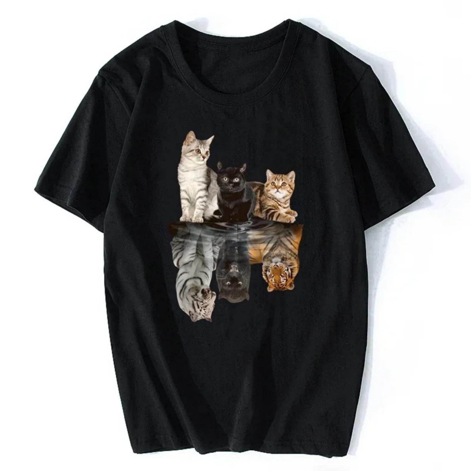 Cat Reflection Printed T Shirt New Female T-Shirt Summer Casual Fashion Animal Cat Streetwear Tops Clothing Creative Graphic S