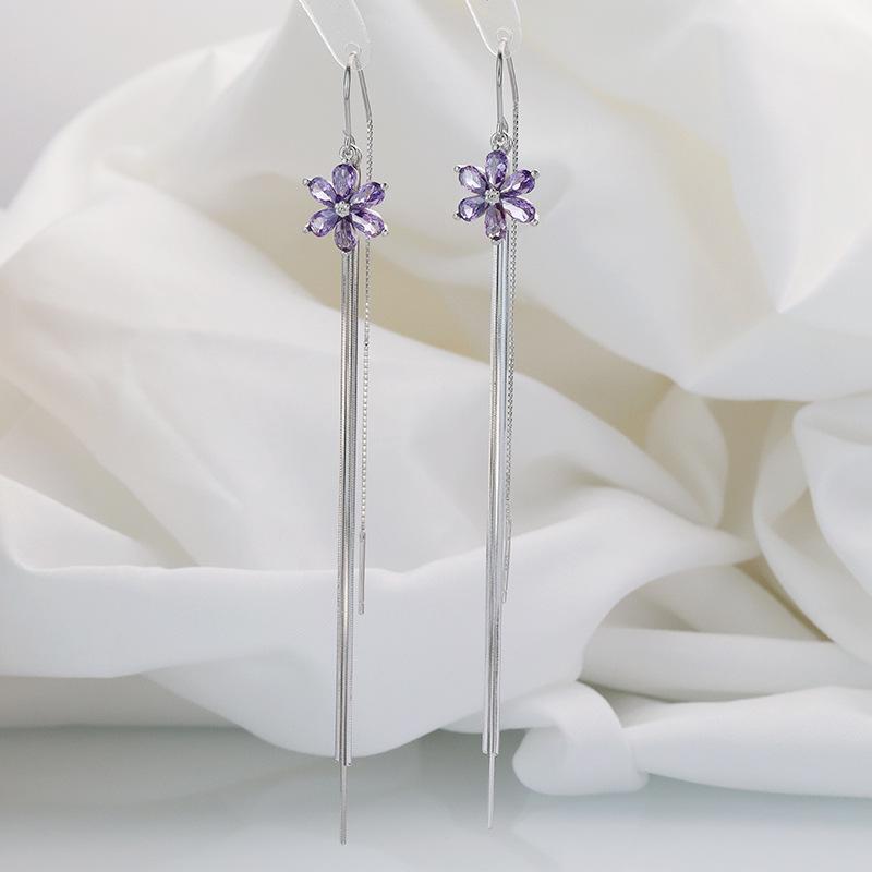 

Purple Flower S925 Sterling Silver Korean Style Long Tassel Earrings for Women 925 Sterling Silver