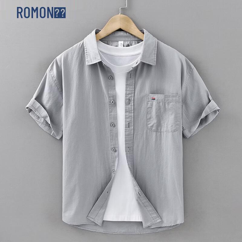 ROMON Men's Solid Color Pure Cotton Short Sleeve Shirt