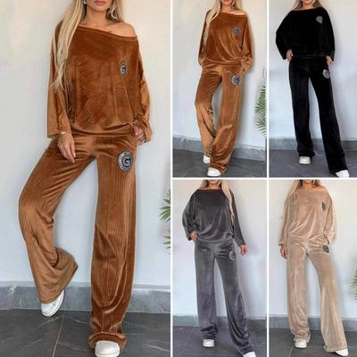 2 Pcs/Set Women Top Pants Suit Velvet Round Neck Bat Sleeves Blouse Wide Leg Solid Color Trousers Sport Casual Outfit Fall Spring Tracksuit
