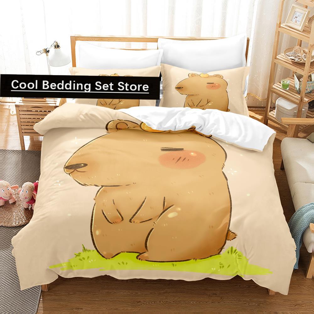 Kawaii Kapibary Zestaw Pościeli Pojedynczy Bliźniak Pełny Queen King Size Zestaw na Łóżko Aldult Kid Sypialnia Zestawy Poszewek na Kołdrę Zestaw Prześcieradeł 3D Anime