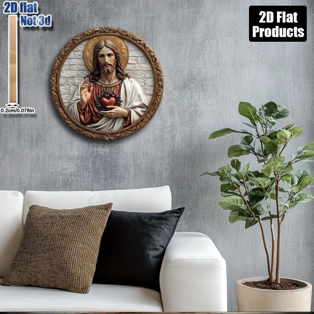 2D Flat Sacred Heart of Jesus Themed Round Wooden Plaque,Classic Style Home Decor for Living Room or Office,Life Wooden Decor for Bedroom Living