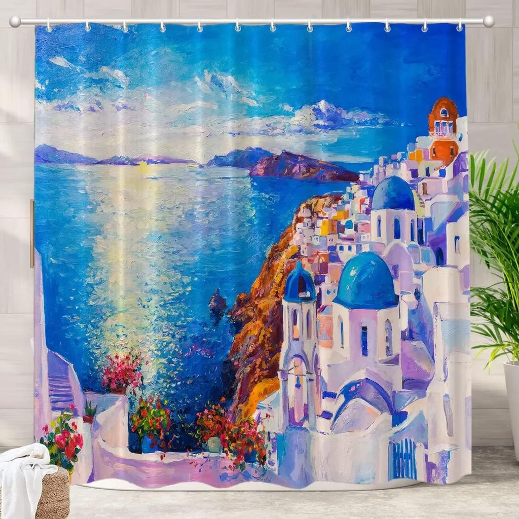 Rideau de douche décoratif Château moderne rouge Tour Eiffel Fleur de cerisier romantique Neuschwanstein Décor de salle de bain Tissus en polyester