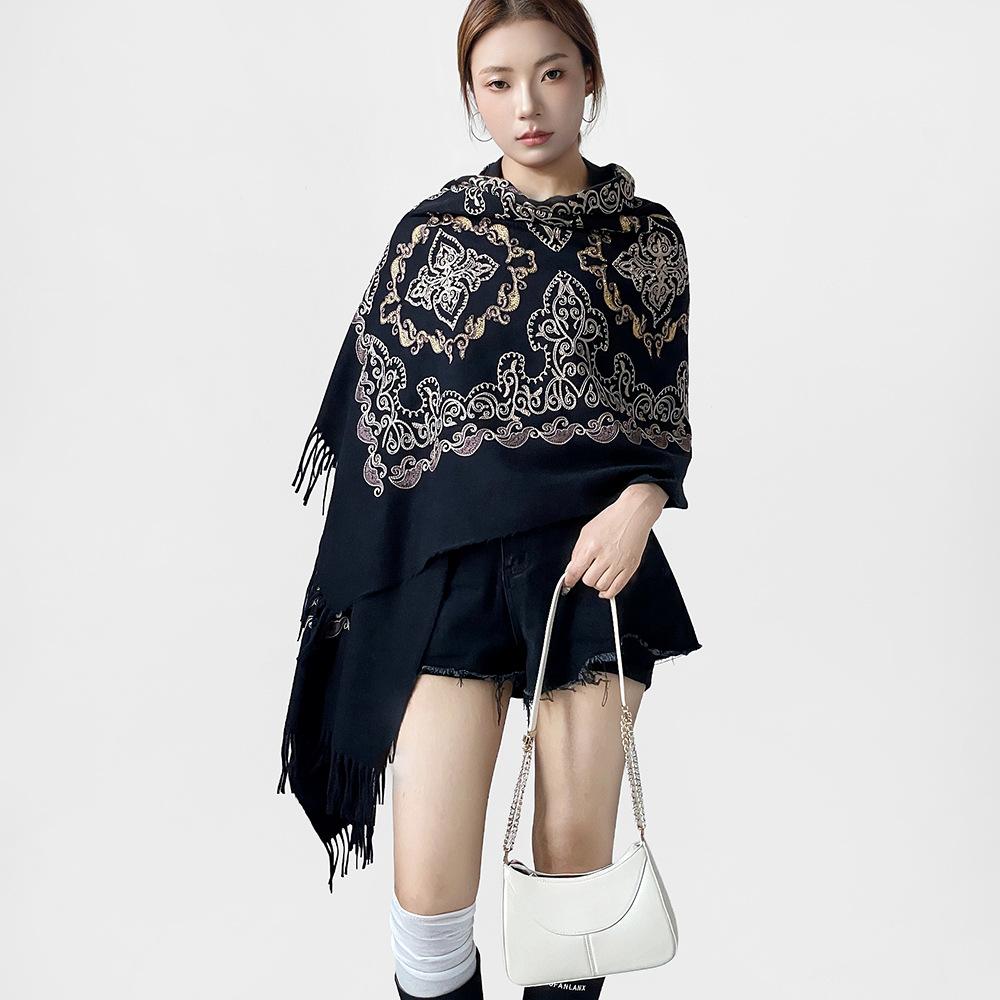Autumn and Winter New High-grade Imitation Cashmere Scarf Women's Scarf Neck Warm Scarf Dual-purpose Embroidery Decorative Fringed Shawl