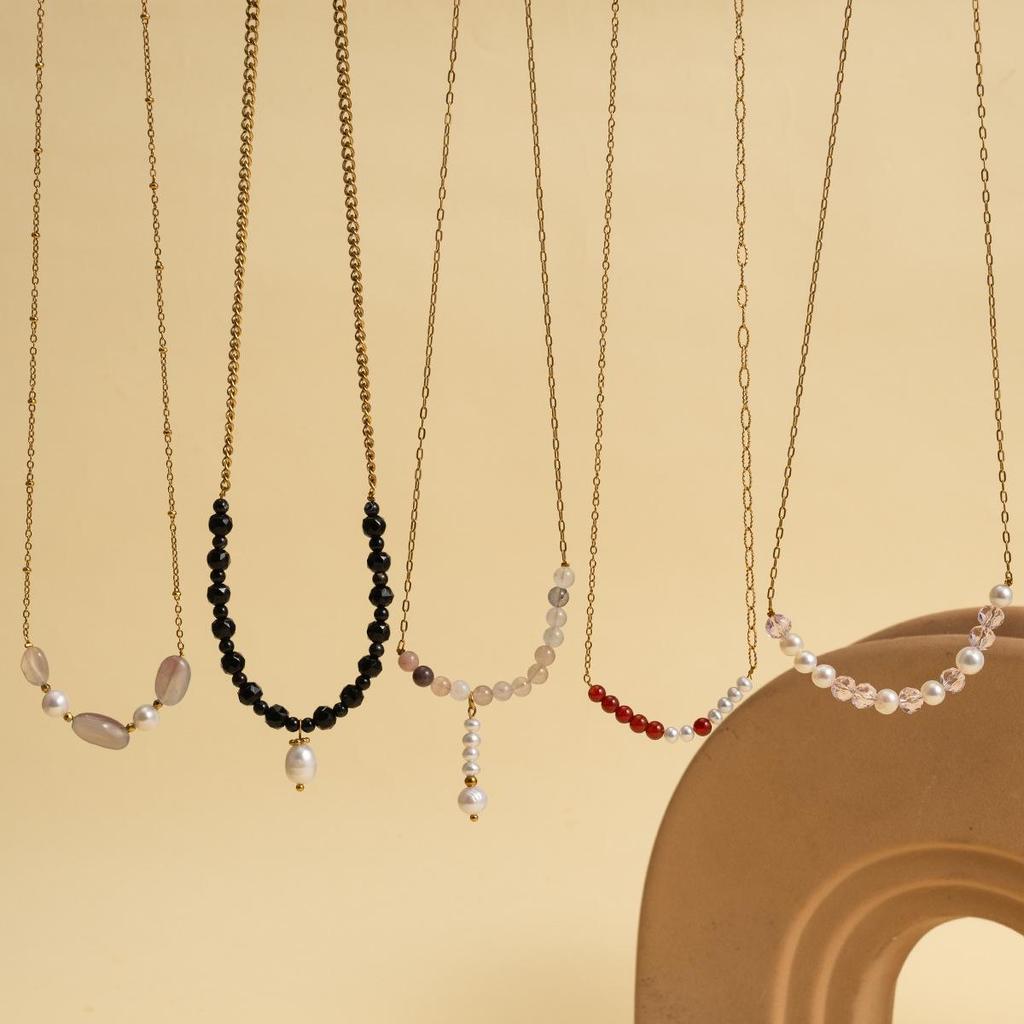 Luxurious European-Style Natural Stone & Pearl Necklace with Gold-Plated Stainless Steel Layered Design for Women