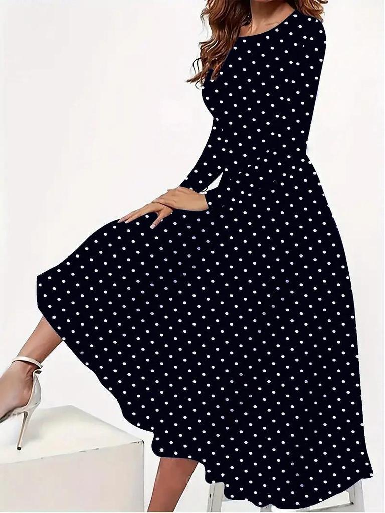 Elegante Vestito a Pois con Maniche Lunghe, Girocollo e Tasche 2026