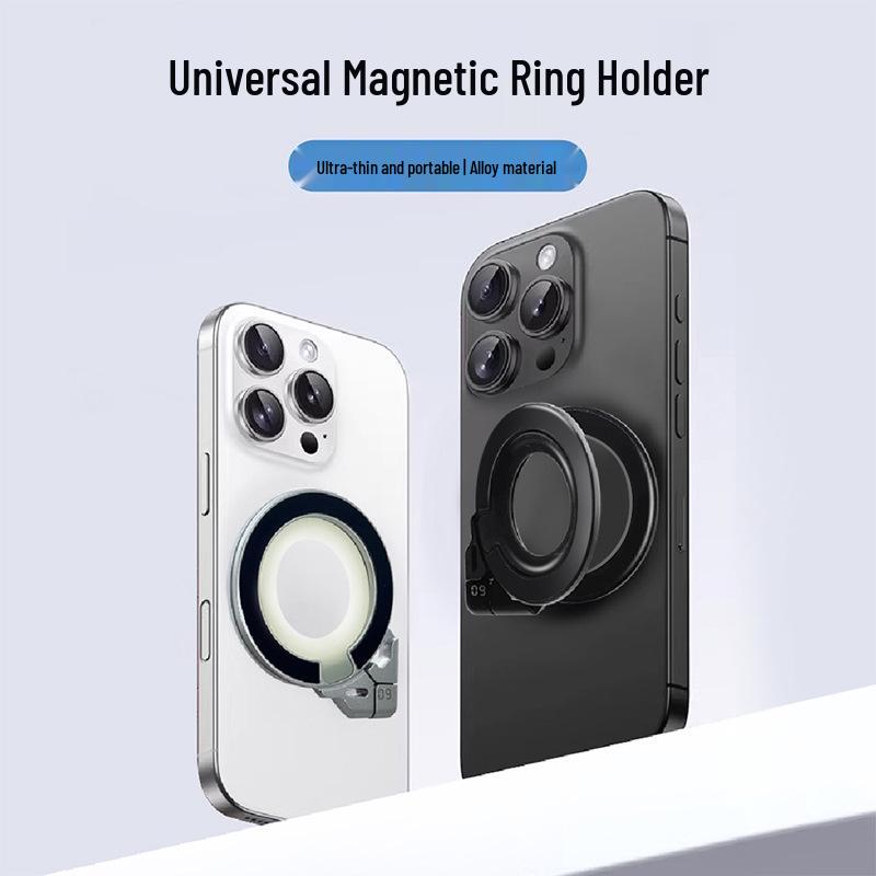 Ultra-Thin Aluminum Magnetic Ring Holder with N52 Strong Magnet, Multi-Angle Adjustment, Double-Sided Suction, and Portable Design.