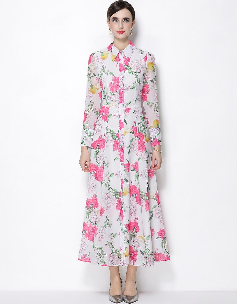 Spring Clothing for Women 2026 New Style High-End Flower Printed Belt Slim-Fitting Long French Long Sleeve Chiffon Maxi Dress