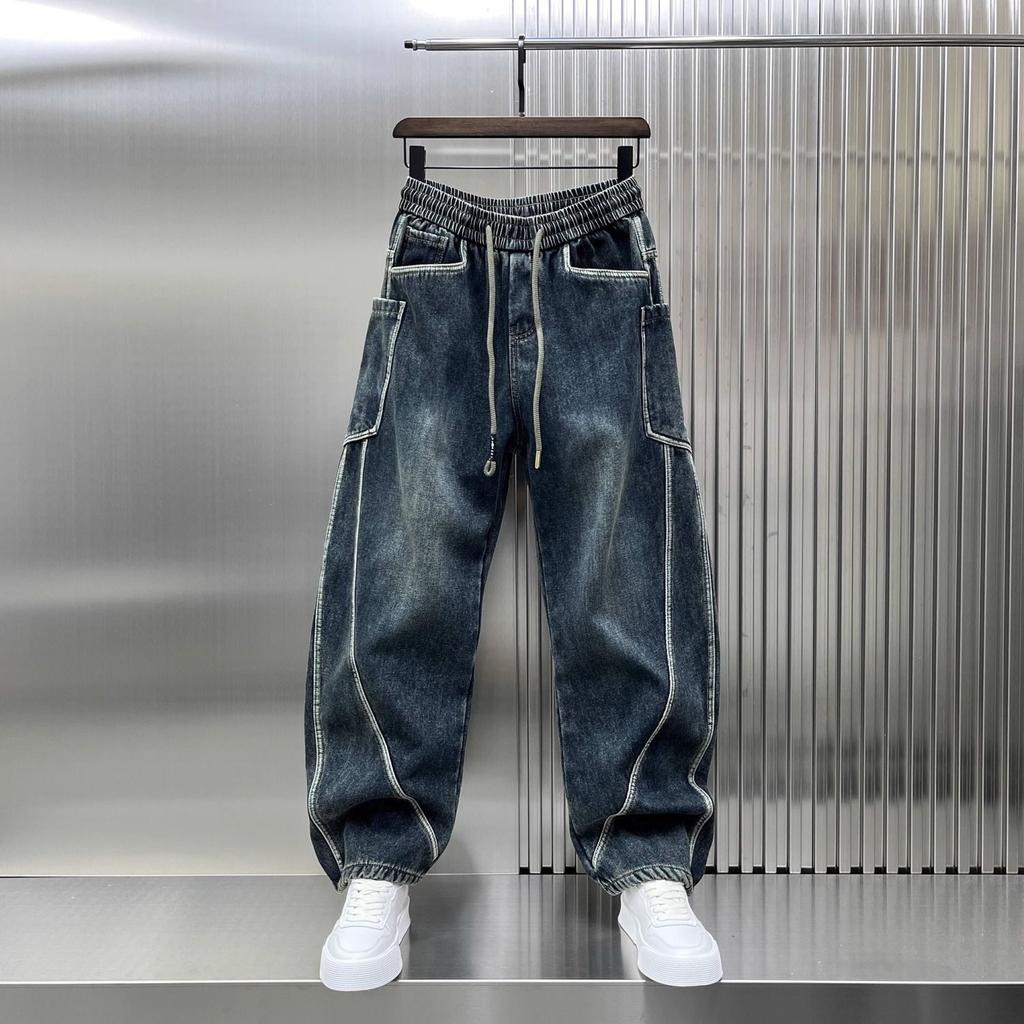 Spring Autumn Splicing Cutting Elastic Waist Large Size Washed Loose Wide Leg Big Pocket Scimitar Drawstring Jeans