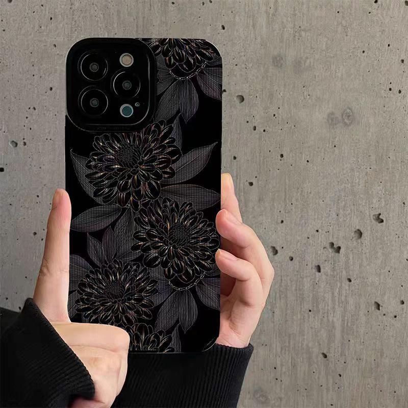 Luxury Dark Flower Silicone Leather Case For iPhone 13 14 Plus 12 11 16 15 Pro Max Mini X XS XR 7 8 SE Shockproof Full Cover