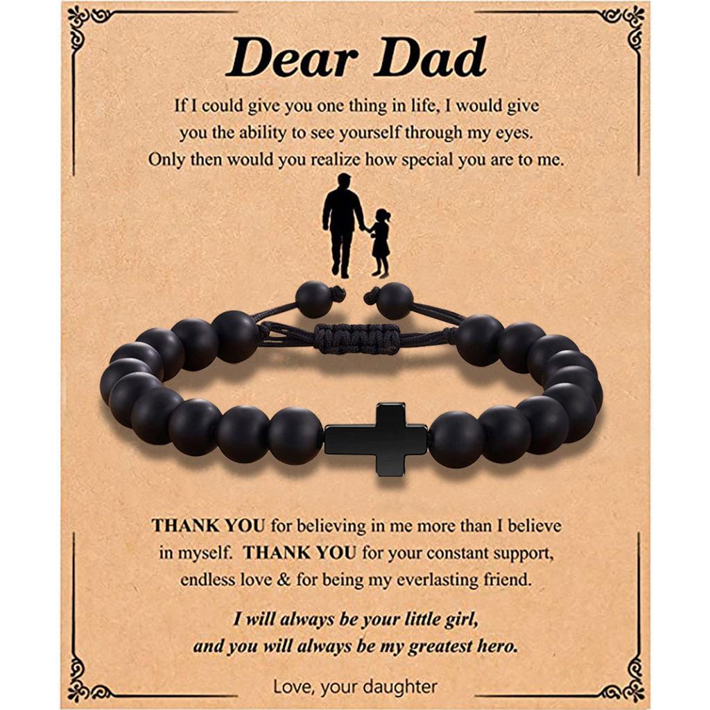 Father's Day Gift Bracelet Black Cross Pendant Black Rope Braided Adjustable 8mm Black Frosted Cross Bracelet