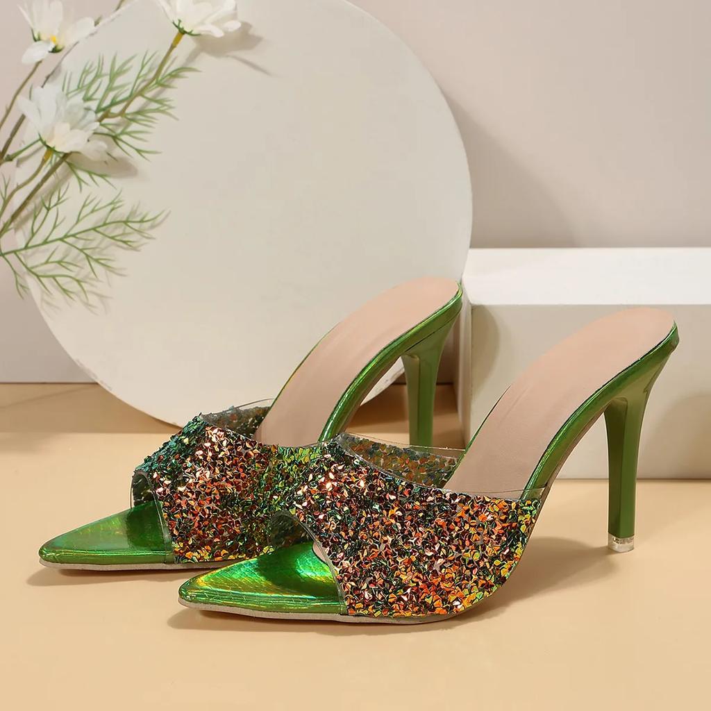 Fashion 2024 New Gradual Color High Heels Sequin Sandals Summer Fashion Slipper Fish Mouth Slim Heels Large Size Women's Shoes