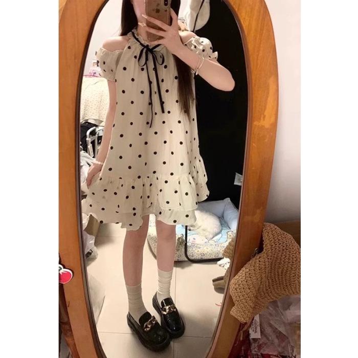 Elegant Petite French Polka Dot Off-the-Shoulder Summer Dress 2026 S