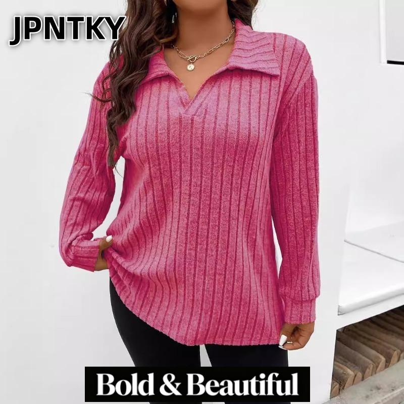 JPNTKY Women's Fashion Casual Solid Color Print Long Sleeve V Neck Blouses & Shirts