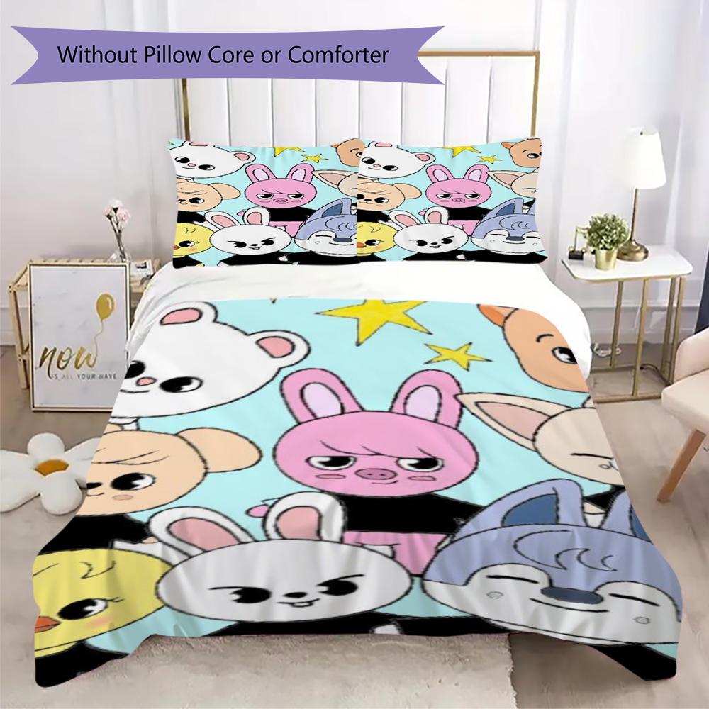 Cute Bunny, Wolf and Duck Collage Duvet Cover, K-pop Style Themed Bedding Set(1 * duvet cover + 2 * pillowcase, without core)