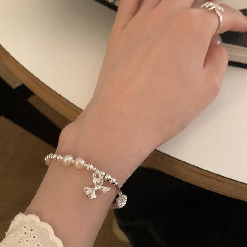 Korean Style Exquisite Light Luxury Bowknot Broken Silver Pearl Bracelet For Women