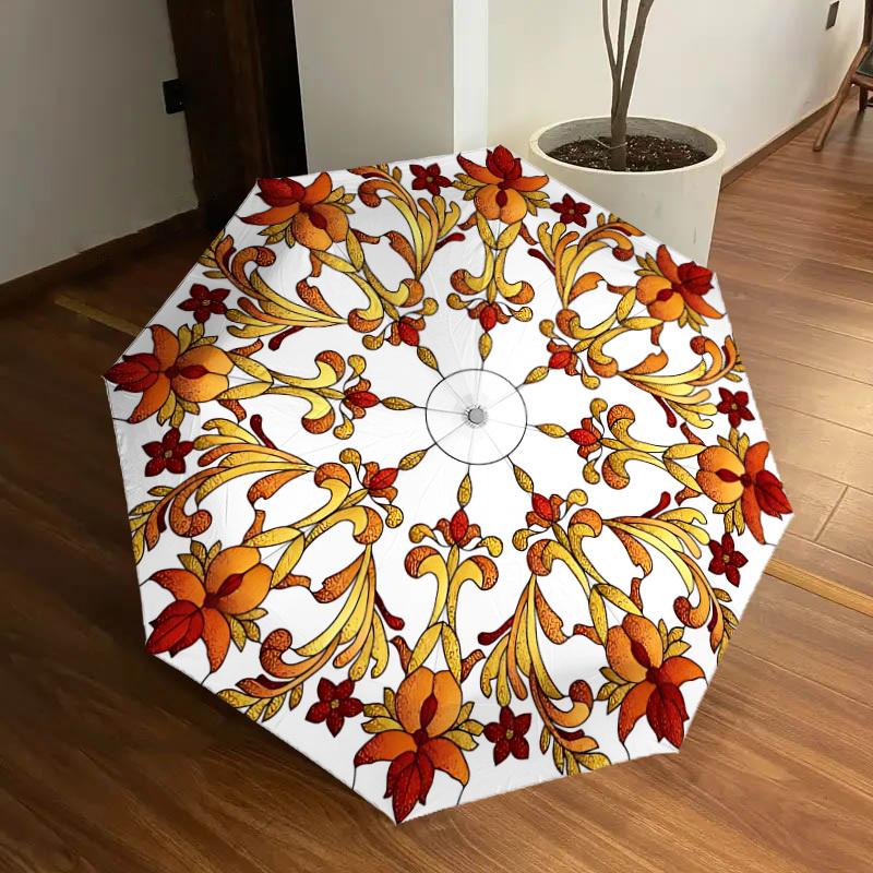 

1pc Floral Ornament Design Automatic Folding Umbrella, Portable Collapsible Design, 8-Rib Iron Frame, Outdoor Accessory yy250905096