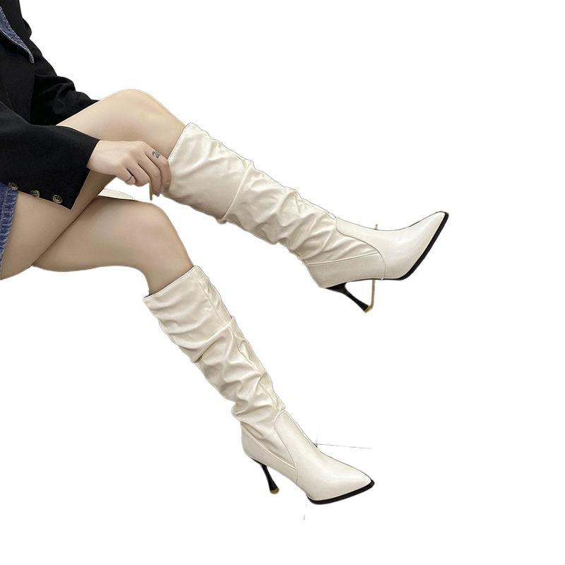 European and American pointed-toed pleated high boots women's 2025 autumn and winter thin-heeled hot girls pile boots high-heeled but knee-length bo