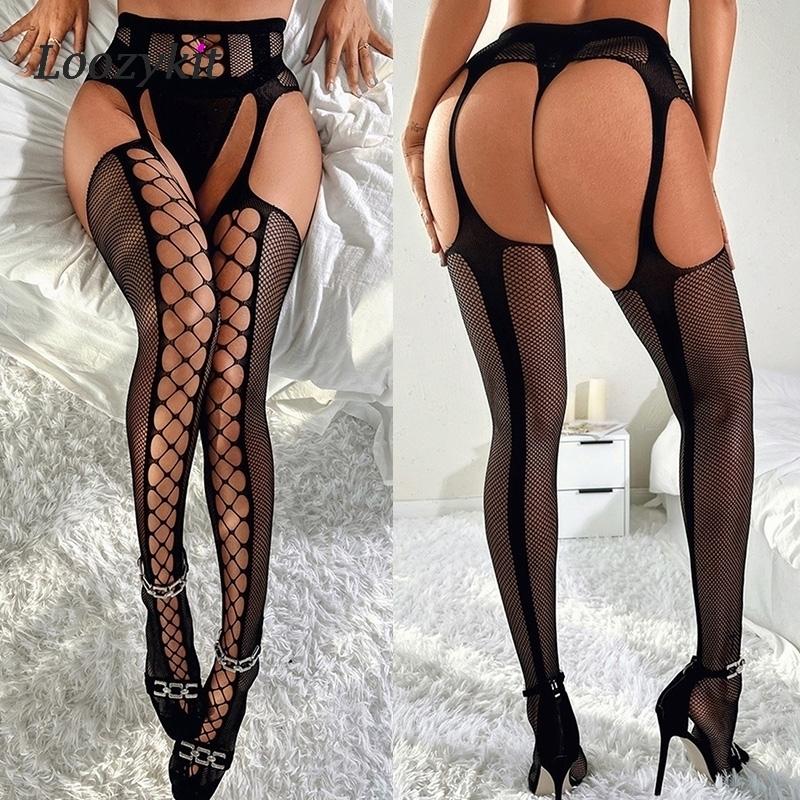 13styles Sexy Black Women Stockings With Belt Set High Fish Net Tights Erotic Lingerie Pantyhose Floral Long Mesh Lace Stocking
