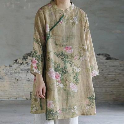 Retro Print Stand Dreiviertelärmel Unregelmäßiges Schnürhemd Frühling Lockere All-Match-Oberteile für Damen