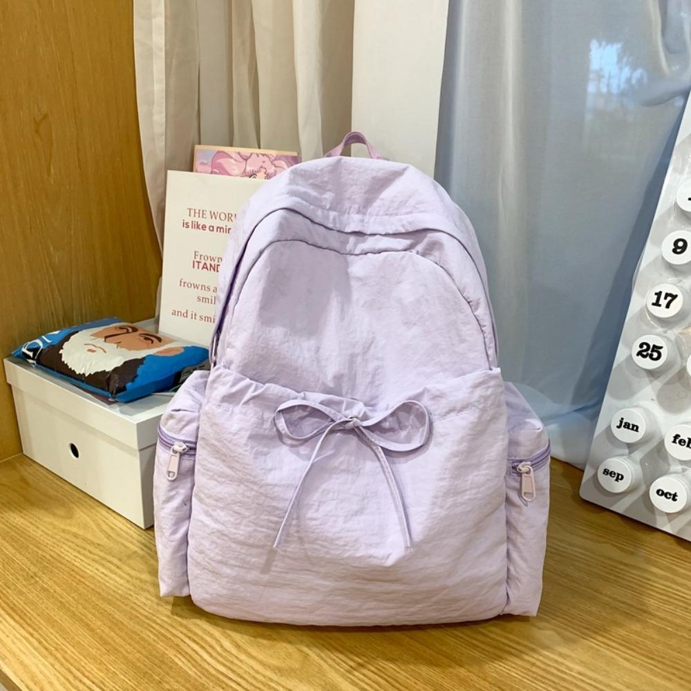 Sweet Nylon Lightweight Backpack Solid Color Travel Shoulders Bag Bow Wrinkle Backpack Women