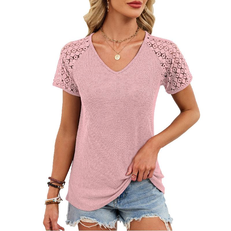 2026 Spring/Summer New Solid Color V-Neck Loose Lace Short-Sleeve T-Shirt for Women
