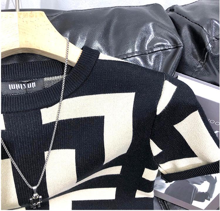 Herren Geometrisches Muster Slim Casual Kurzarm Strick-T-Shirt für Frühling & Herbst