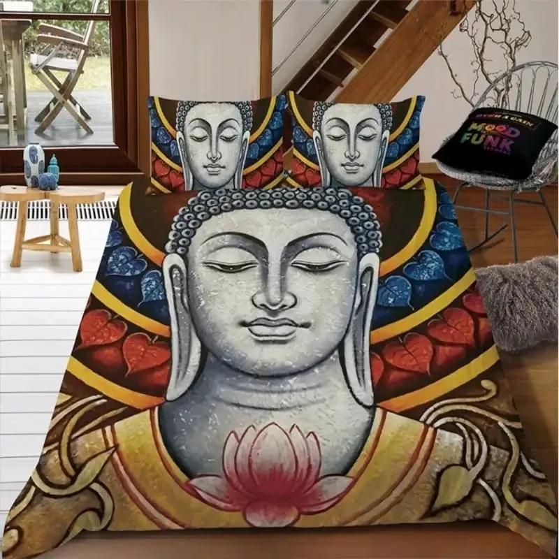 Mandala Buddha Duvet Cover Set King Size Exotic Ethnic Bohemian Bedding Set Golden Black Lotus Flowers Gorgeous Comforter Cover