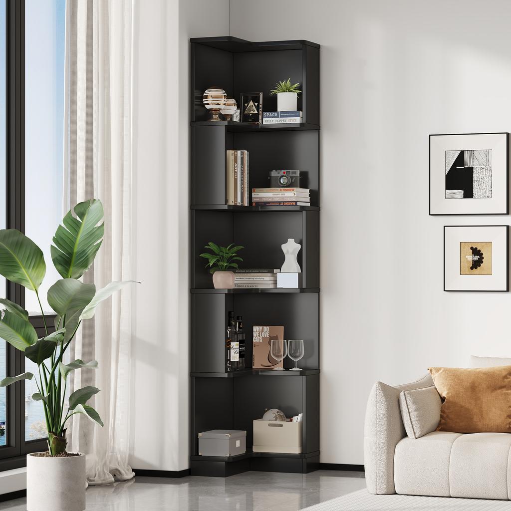 63.5 x 45 x 175cm Corner Bookshelf, Multifunctional, L-Shaped, LED Color-Changing Light Strip, App Control, Five-Tier Storage, Black