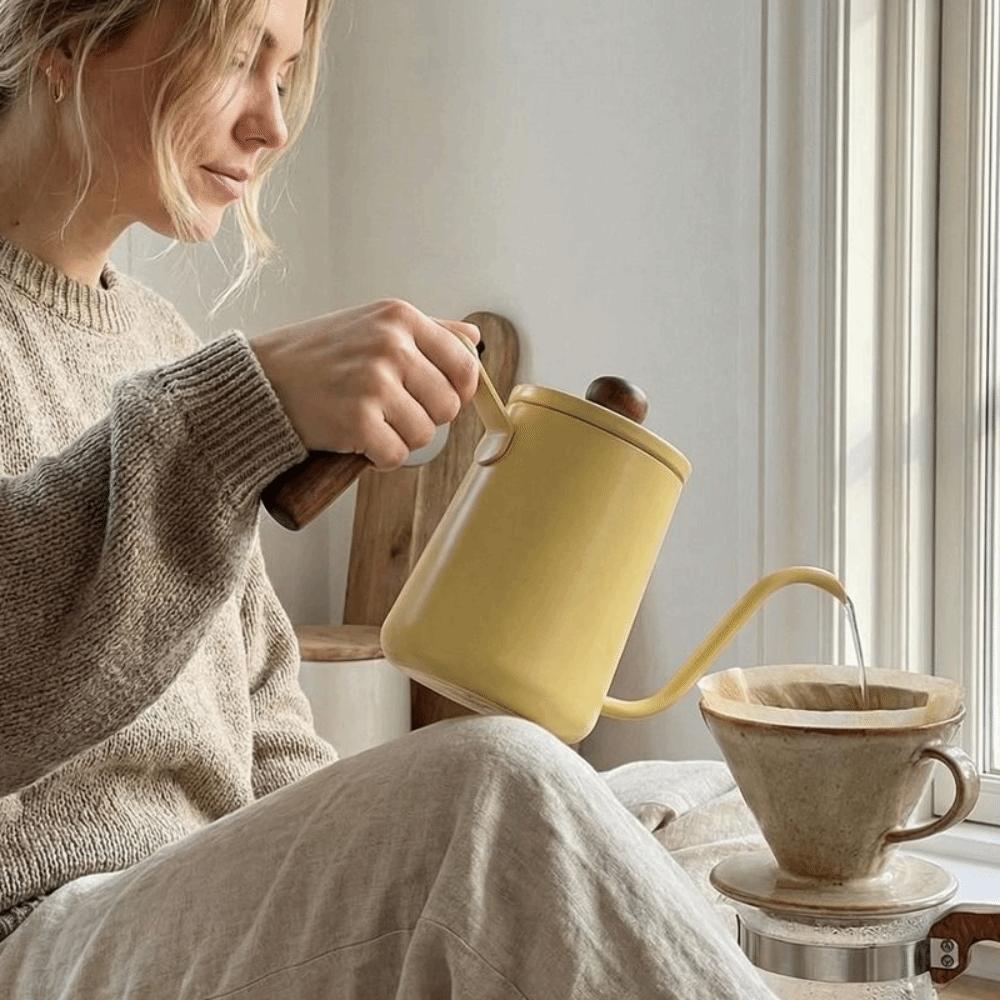 600ML Pour Over Coffee Kettle Wood Handle Drip Filter Coffee Maker Hand Brewing Kettle  Picnic