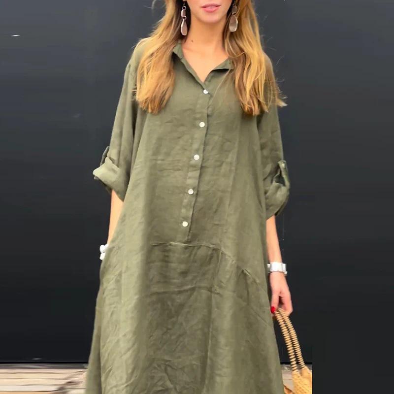2024 Women's Summer Casual Long Dress - Cotton Linen Blend, Plus Size, Pocket Shirt Collar
