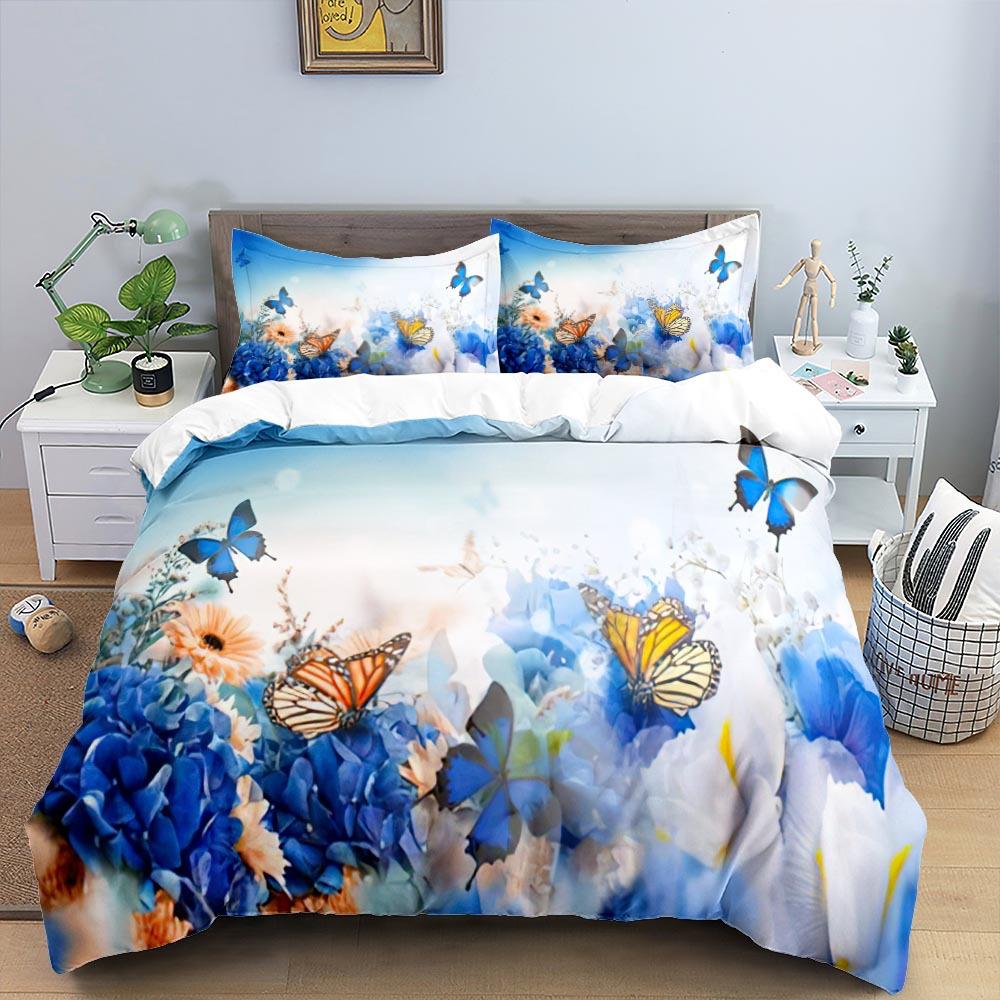 Butterfly Duvet Cover Set King Queen Full Cute Red Butterfly Insect Pink Flowers for Kids Boys Girl Teen Polyester Bedding Set